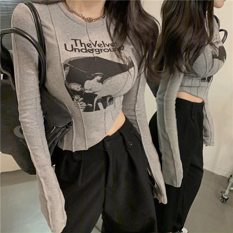 Yedinas Casual Slim T-shirt For Women O Neck Long Sleeve Sexy Crop Top Grunge Letters Print Female Korean Fashion Clothing 220328