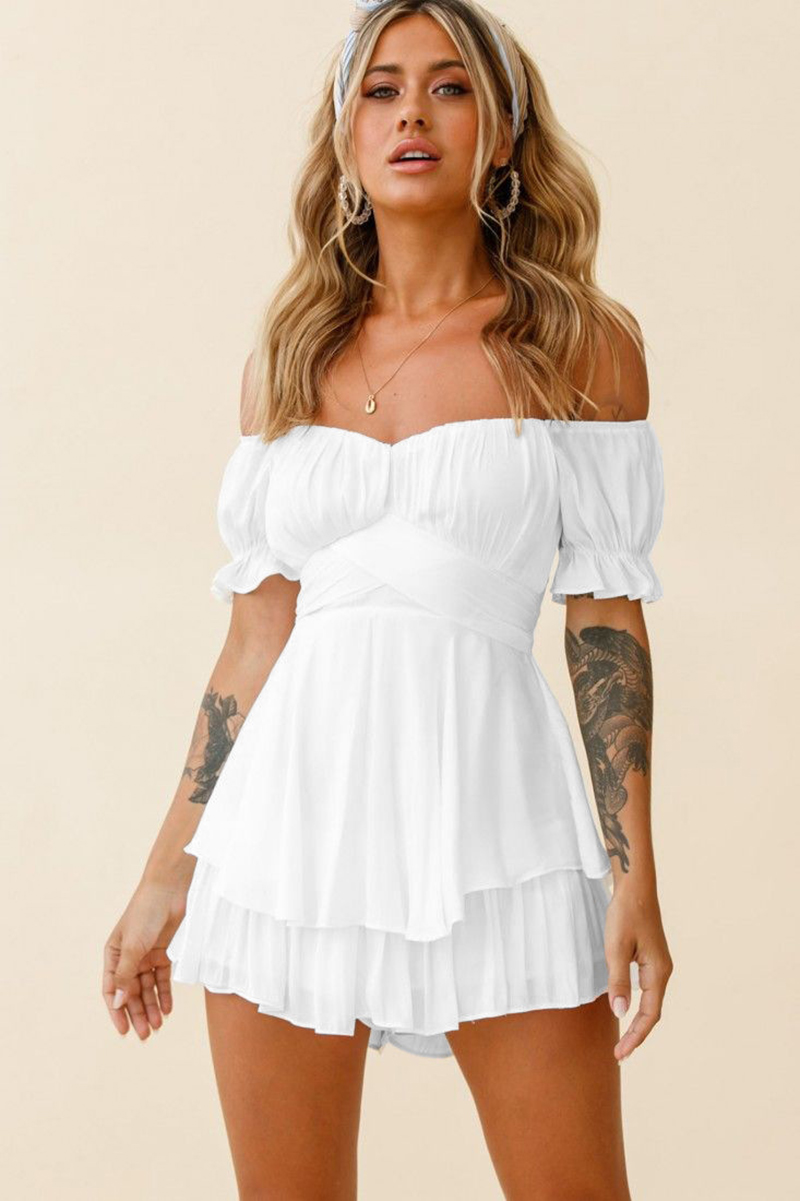 Women Jumpsuits Dresses Tie Back Lantern Short Sleeve Square Neck Cute Ruffled Off Shoulder Rompers Summer Chiffon A-Line Mini Dresses