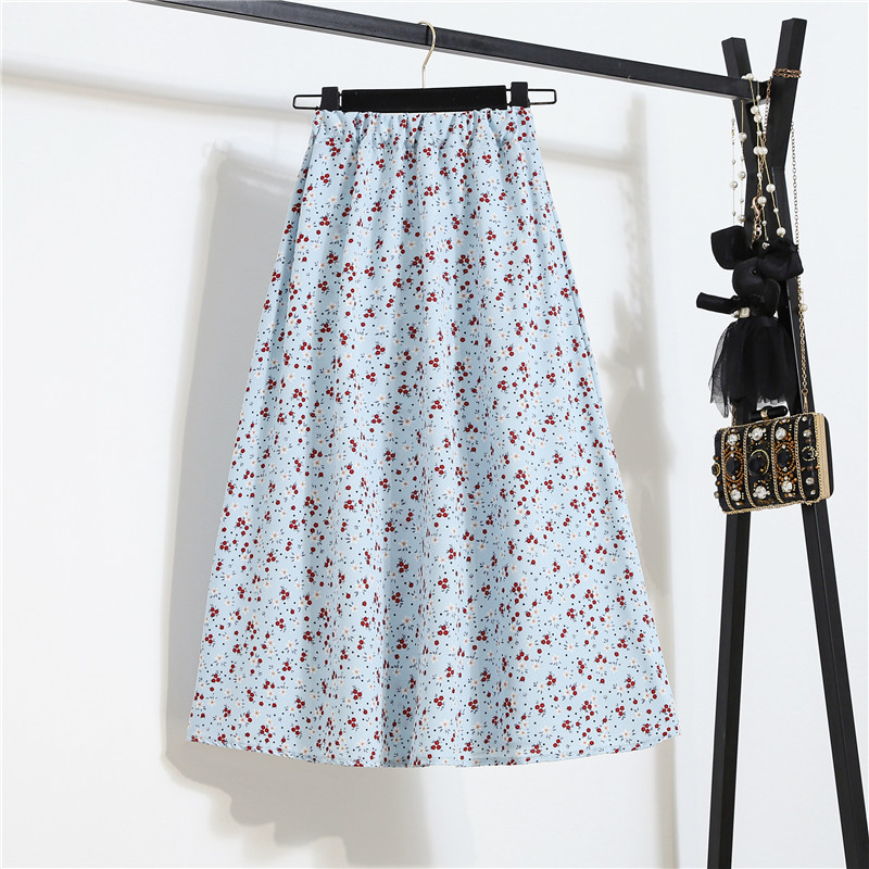 Summer Skirts Womens Vintage Floral Print Chiffon A-Link Elastic High Waist Casual Midi Clothes Jupe Plus Size 220317