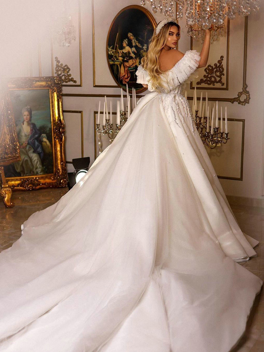 Luxurious Pearls Mermaid Wedding Dresses Detachable Train Off The Shoulder Ruffles Diamond Saudi Arabic Bridal Gowns
