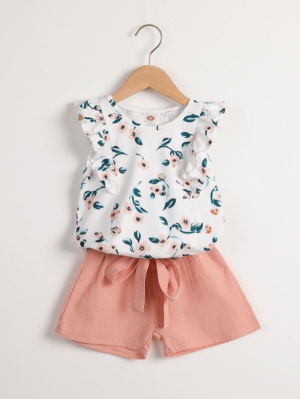 Toddler Girls Floral Print Ruffle Trim Tee & Belted Shorts SHE