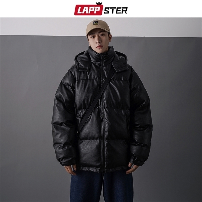 LAPPSTER Men Japanese Streetwear Leather Puffer Jacket Mens Hip Hop Black Winter Bubble Jackets Coats Couple Korean Parka 201128