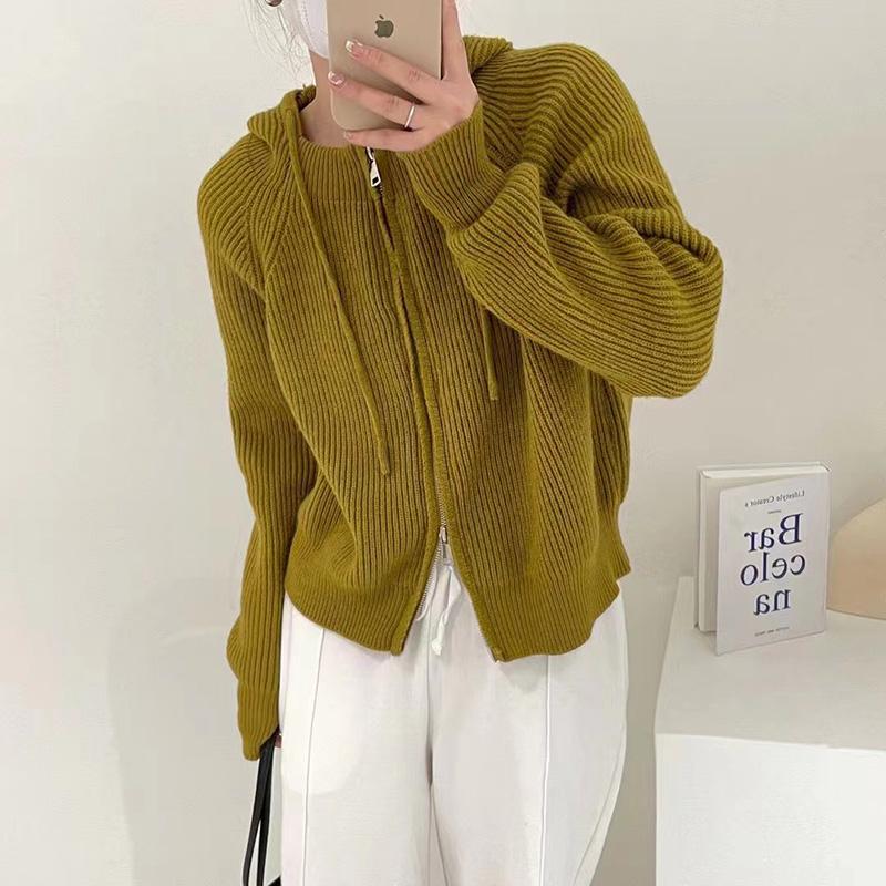 

Women's Knits & Tees Solid Color Hooded Women Cardigans Sweaters Autumn Korean Style All-Matched Knitted Tops Zipper Casual Sweater Outerwea, Green