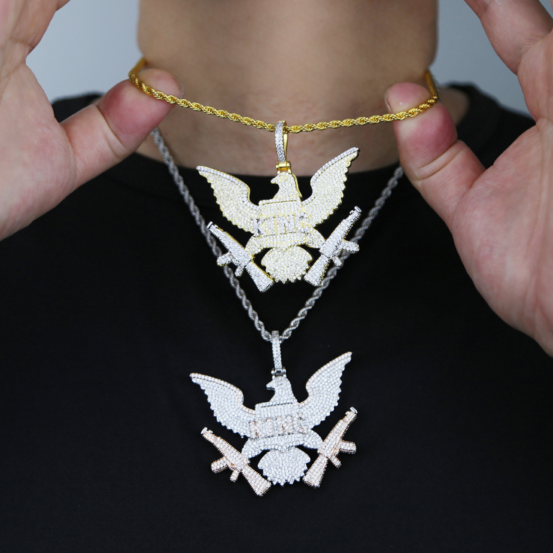Hip Hop Gold Color Plated Pendant Design Iced Out Micro Paved CZ Bling King Eagle Pendant Necklace for Men Charm Jewelry