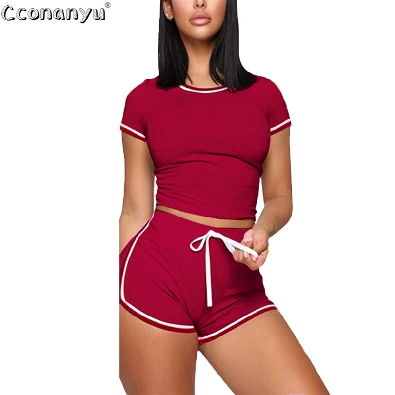 Women Short Sleeve Set 2 Piece Summer Casual Seamless Sport Suit Gym Clothes Crop Top Shirt High Waist Shorts Sportswear T200605