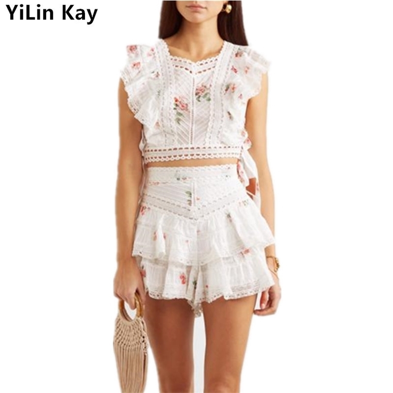 Women Two Piece Outfits Summer Lace Sleeveless Crop Top High Waist Shorts 2 Piece Set Ruffles Hollow Out Embroidery Women Sets T200325