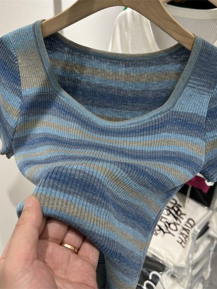 Summer T Shirt Women Oversized Woman Clothes Female Tops Short Sleeve Tee s Tube Top Y2k Knit Canale Stripe Tshirt 220714