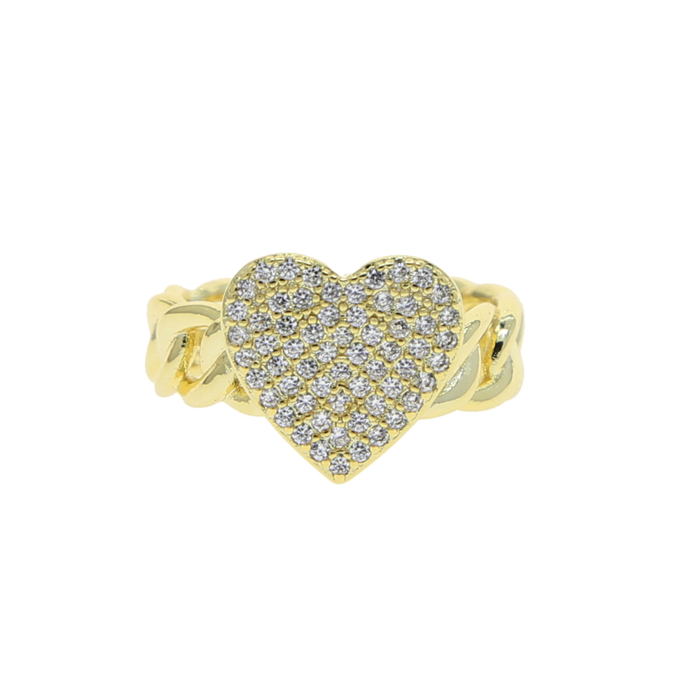 New Arrived Heart Shaped Ring Bling Iced Out Cubic Zirconia Cz Paved Cuban Link Chain Fashion Hip Hop Jewelry for Women