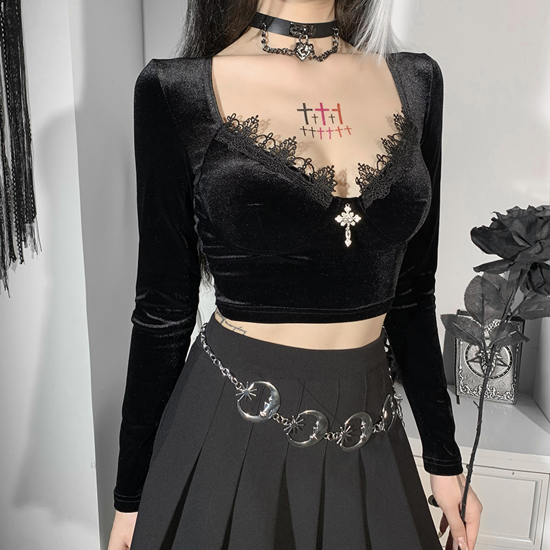 Goth Black Bodycon Crop Top Women's T-Shirts Aesthetic Sexy V-Neck Long Sleeve Corset Y2K Harajuku Vintage Korean Fashion Tops 220321