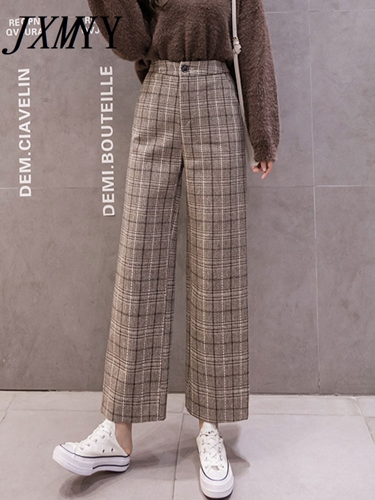 Autumn Winter Woolen Plaid Pant Elastic High Waist Ankle-length Pant Plus Size Harajuku Wide Leg Trousers Goth 220325
