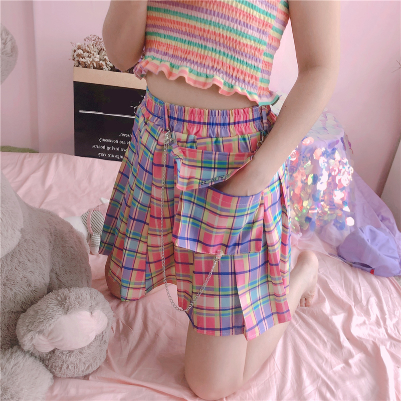 Summer Plaid Y2k Kawaii Pink Woman Mini Skirts Aesthetic A Line Pleated Harajuku Gothic Rainbow Sexy Club Women's 220317