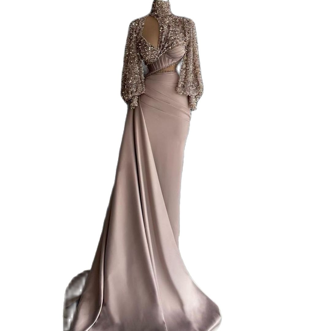 Sexy Saudi Arabia Prom Dresses 2022 Formal High Neck Satin Evening Dress Mermaid Long Sleeve Sequined Cocktail Party Gowns