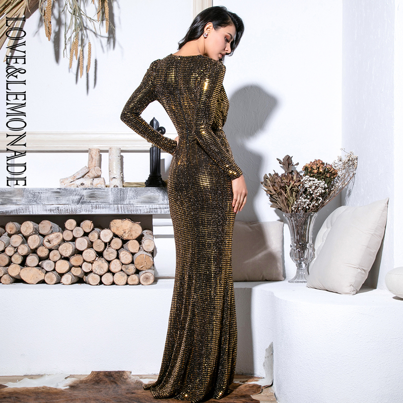 LOVE&LEMONADE Sexy Gold Deep V-Neck Cut Out Puff Sleeves Glitter Sequins Elastic Material Maxi Dress LM81715 220507