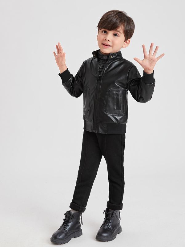 Toddler Boys Slant Pocket Zipper PU Leather Jacket SHE