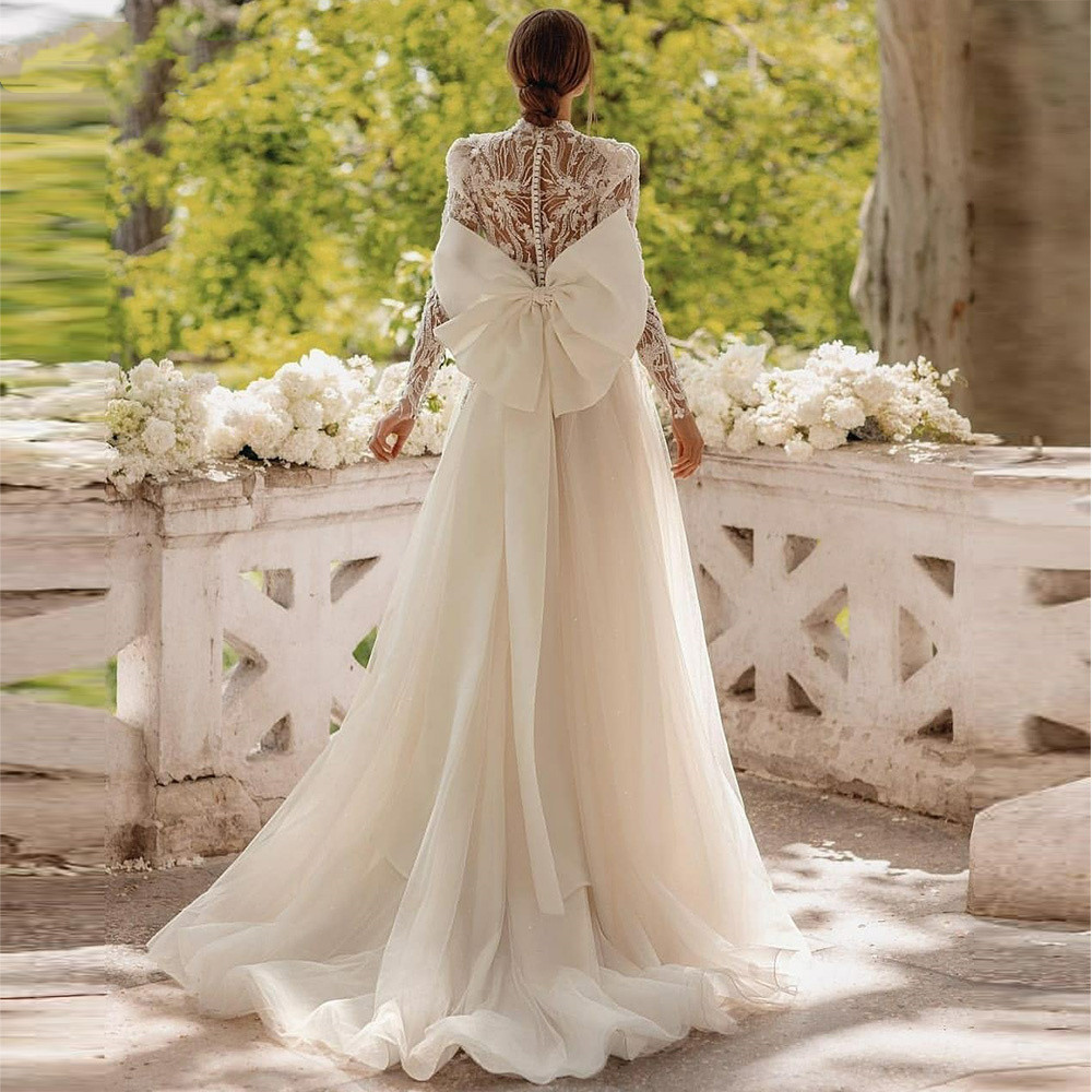 Elegant A-e Wedding Dress Princess Portrait Shoulder Lace Long Sleeves Appliques Sequins Custom Made or Length Bow Tie Train Bridal Dresses Vestido De