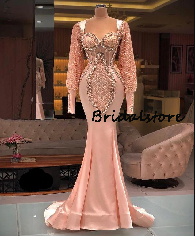 Luxury Aso Ebi Rose Gold Mermaid Prom Dresses For Black Girls 2022 Beaded Long Sleeve African Evening Dress Satin Formal Dinner Party Occasion Robes D