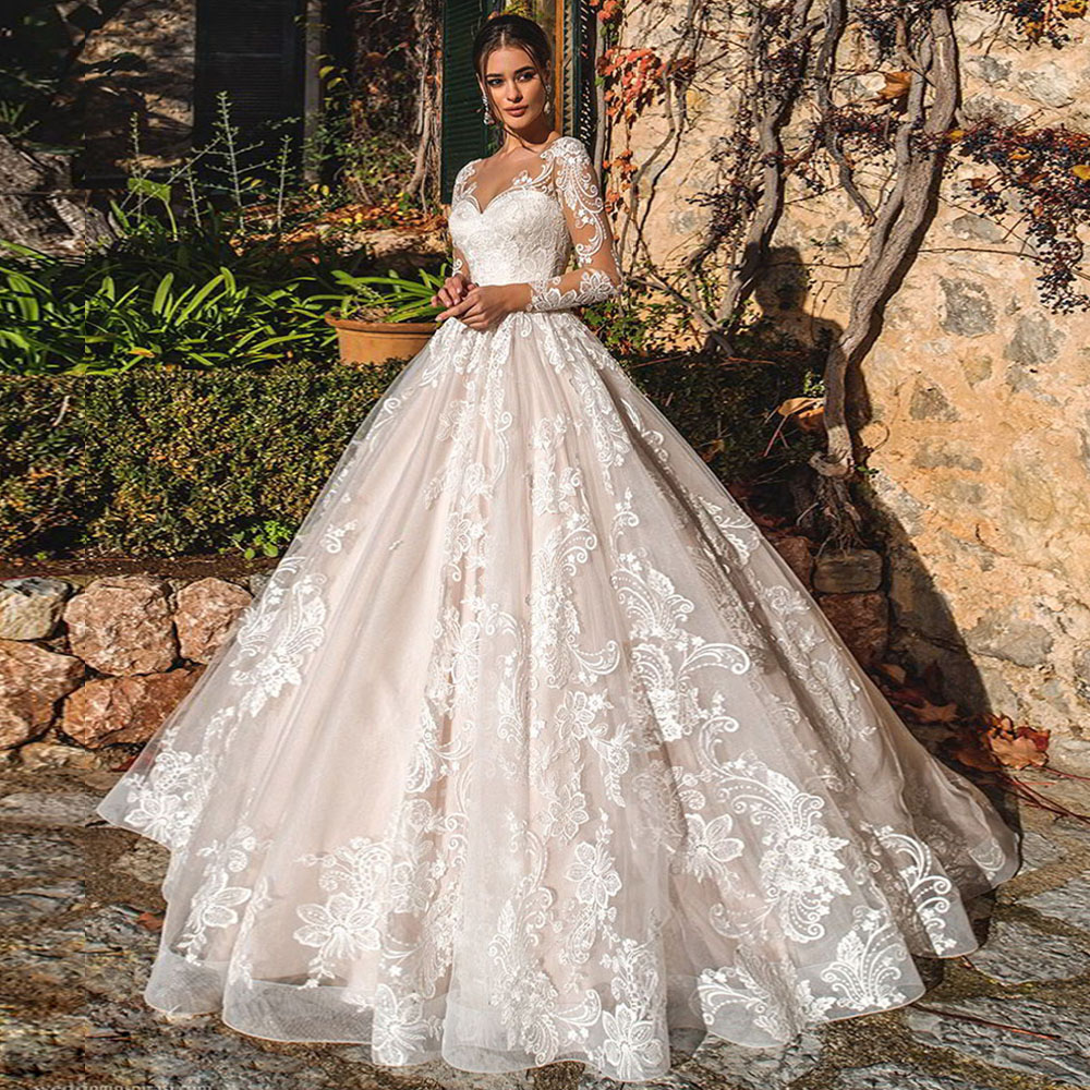 Luxury Lace Ball Gown Wedding Dress Long Sleeve Bridal Gowns Robe De Mariee Illusion Back Trouwjurk O-Neck Gorgeous Tulle Bride Dresses Sukienka Na We