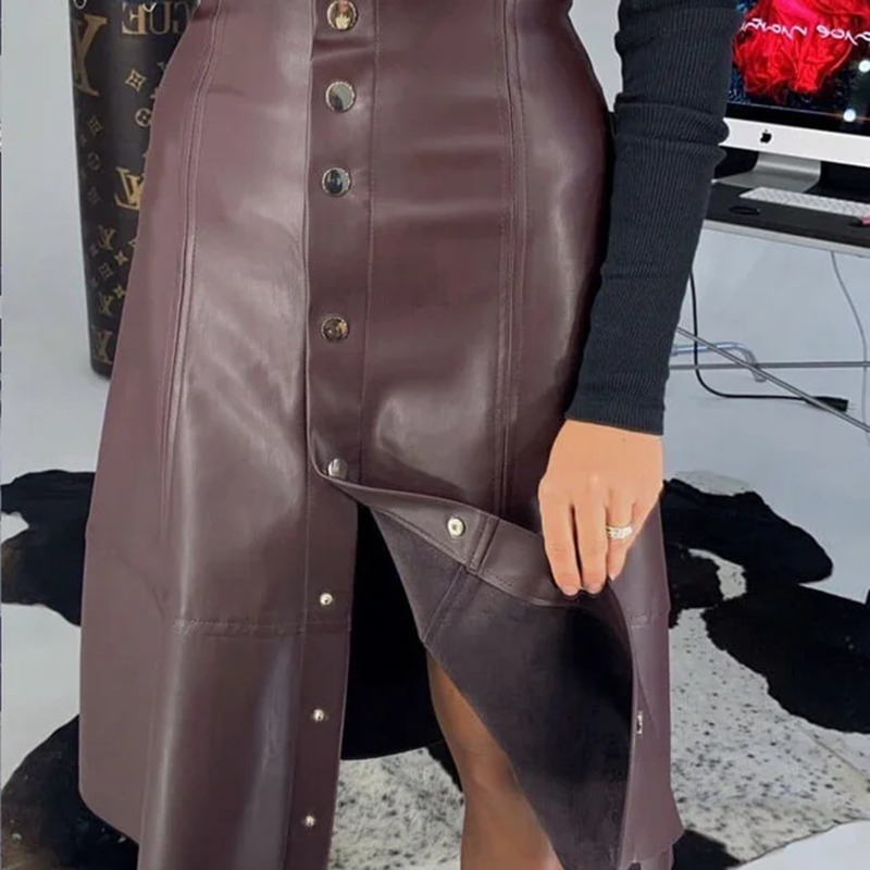 Pu Leather Rivets Buttons Midi Skirt Women High Waist Casual Elegant Fashion Slim Autumn Winter Warm 220317
