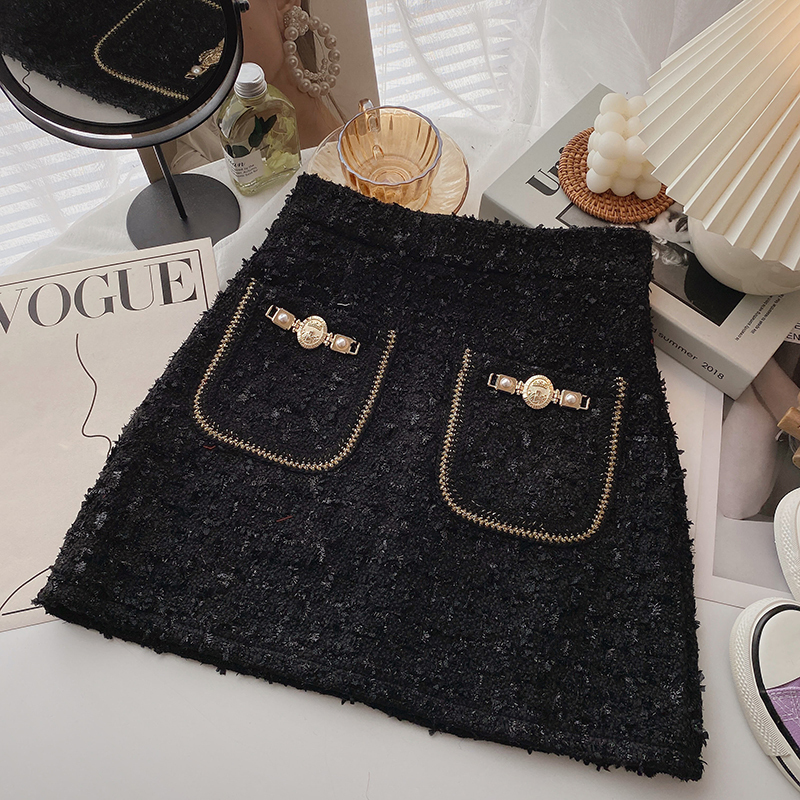 Tweed Skirts for Women Solid High Waist Slimming Skirts Autumn Spring Buttons Double Breasted Tweed Wool Mini Skirt 220711