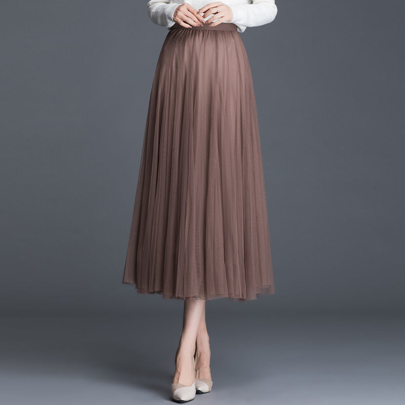 Winter Antumn Mesh Skirt Women Casual Long Skirts Elegant Faldas Saia Retro Elastic Waist Robe 220322