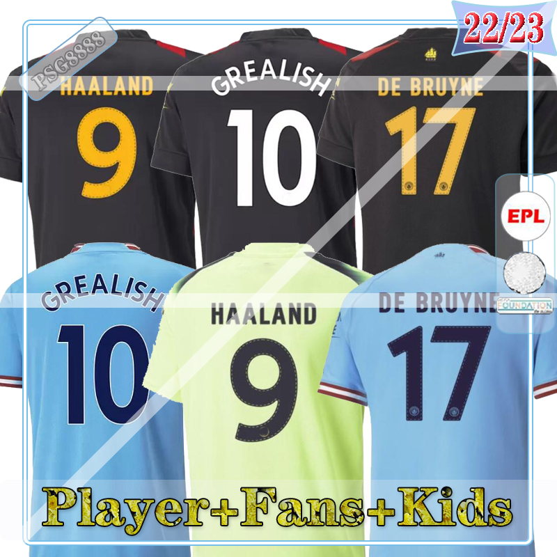 22 23 HAALAND Player Fans Man CityS soccer jerseys 2022 2023 GREALISH FODEN STERLING football shirt shirt DE BRUYNE GESUS BERNARDO MAHREZ Maillot Foot men kids kits, (fsan)