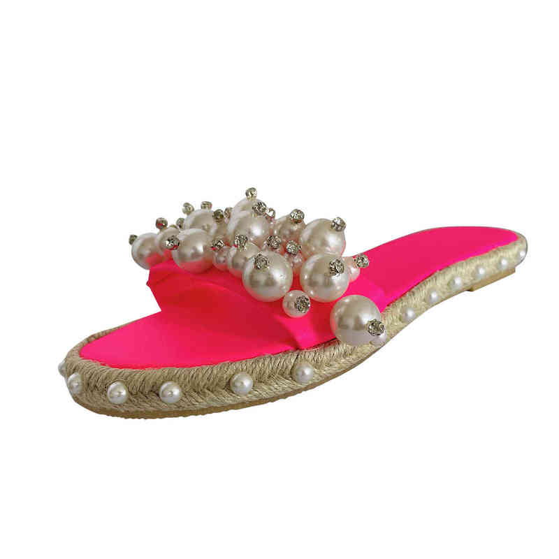 Fashion Pearl Slippers Large Size Women Flat Sandals Leisure Non-slip Slides 2022 Summer Woman Footwear Indoor Home Flip Flops Y220412