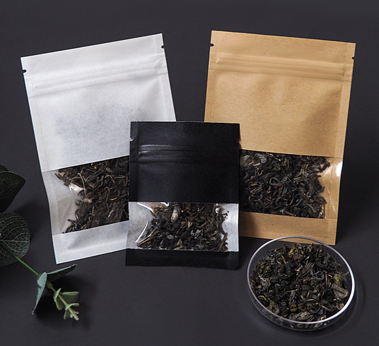 100pcs Flat Bottom Kraft Black White Paper Window Zip Lock Bag Resealable Snack Coffee Beans Powder Candy Capsule Nuts Tea Heat Sealing Packaging Pouc