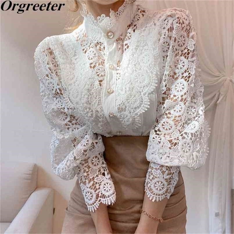 Spring Fall Women's Lace Shirt Chic Romantic Crochet Hollow Flower Stitching Lantern sleeve Stand collar Blouse Tops 210602, Black
Spring Fall Women's Lace Shirt Chic Romantic Crochet Hollow Flower Stitching Lantern sleeve Stand collar Blouse Tops 210602, Black