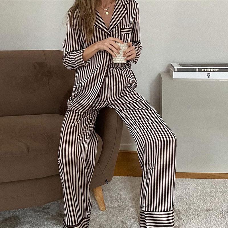 Women' Two Piece Pants Casual Stripe Set Women Long Sleeve V-neck Shirts And High Waist Straight Sets Fashion Oversized Loose Home Suit, Brown
Women' Two Piece Pants Casual Stripe Set Women Long Sleeve V-neck Shirts And High Waist Straight Sets Fashion Oversized Loose Home Suit, Brown
