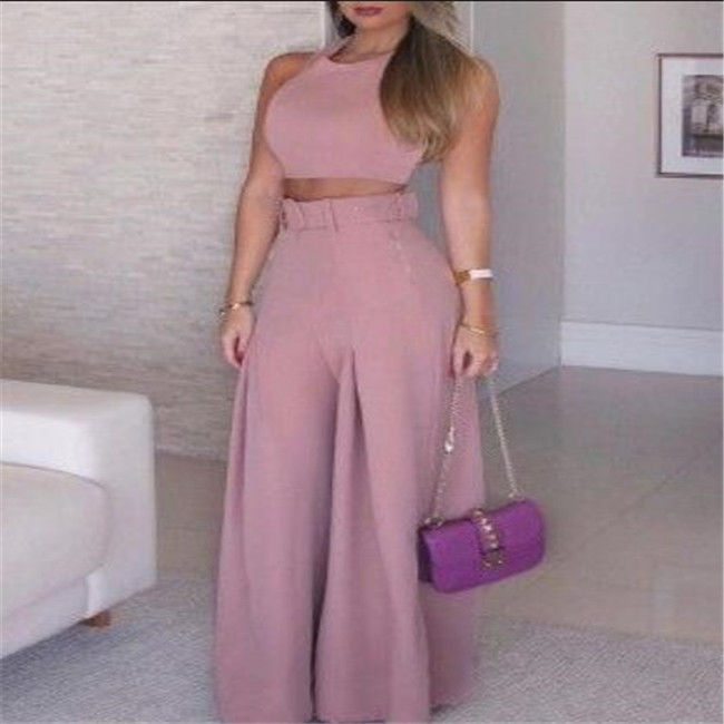 Women's Two Piece Pants Sets Female Ladies o-neck Tops Vest High Waist Wide Leg Pant Trousers Two-Piece Suit Summer Casual Women Outfits