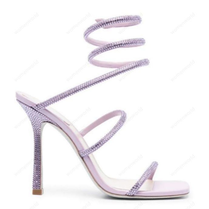 

RENE CAOVILLA 10cm stiletto High heel Sandals CRYSTAL Karung Purple Snakelike twining rhinestone sandals women summer Top quality square toe heels shoes, Only a boxes