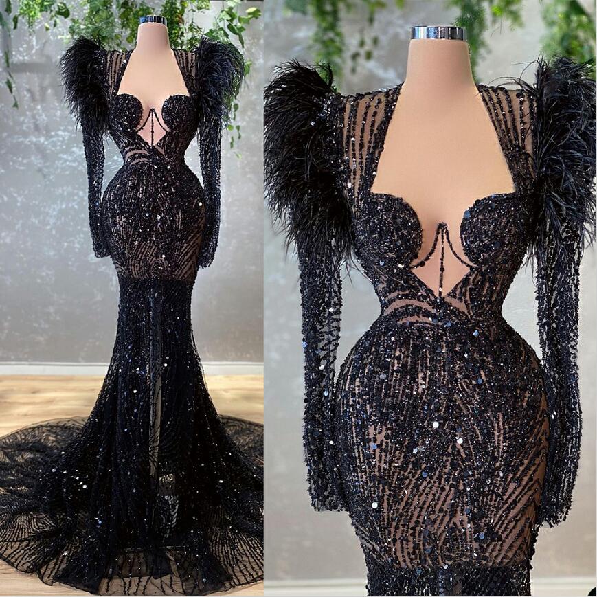 Sexy Black Beads Mermaid Evening Dresses Long Sleeve Ostrich Feather Custom Made Illusion Prom Gowns robes de