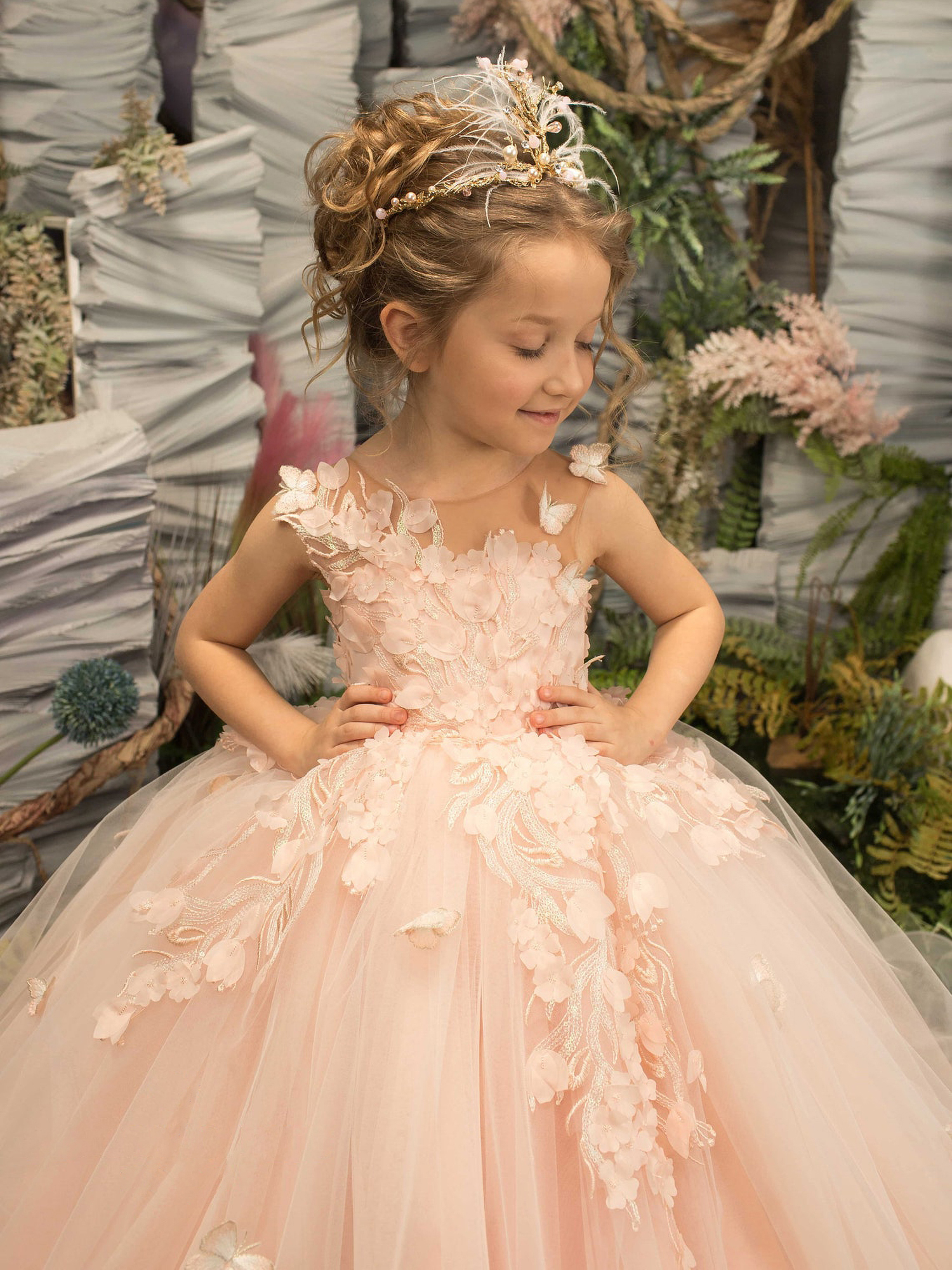 Pink Gorgeous Lace Wer Girl Dresses Princess A E Sheer Neck D Butterfly Wers Long Girls Pageant Gowns Kids Toddler Communion Birthday Dress BC s s res