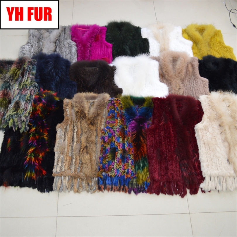 Women Real Rabbit Fur Vest Knitted Tassels Quality Real Genuine Rabbit Fur Gilet Real Raccoon Fur Collar Waistcoat 201016