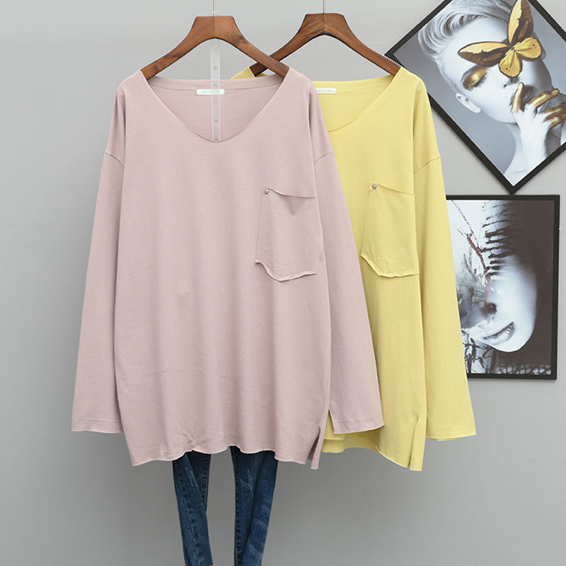 Spring Large Size Loose Long Sleeve T-shirts Woman Cotton V-neck Casual Style T Shirt Plus Base Women Oversize Tops 220321