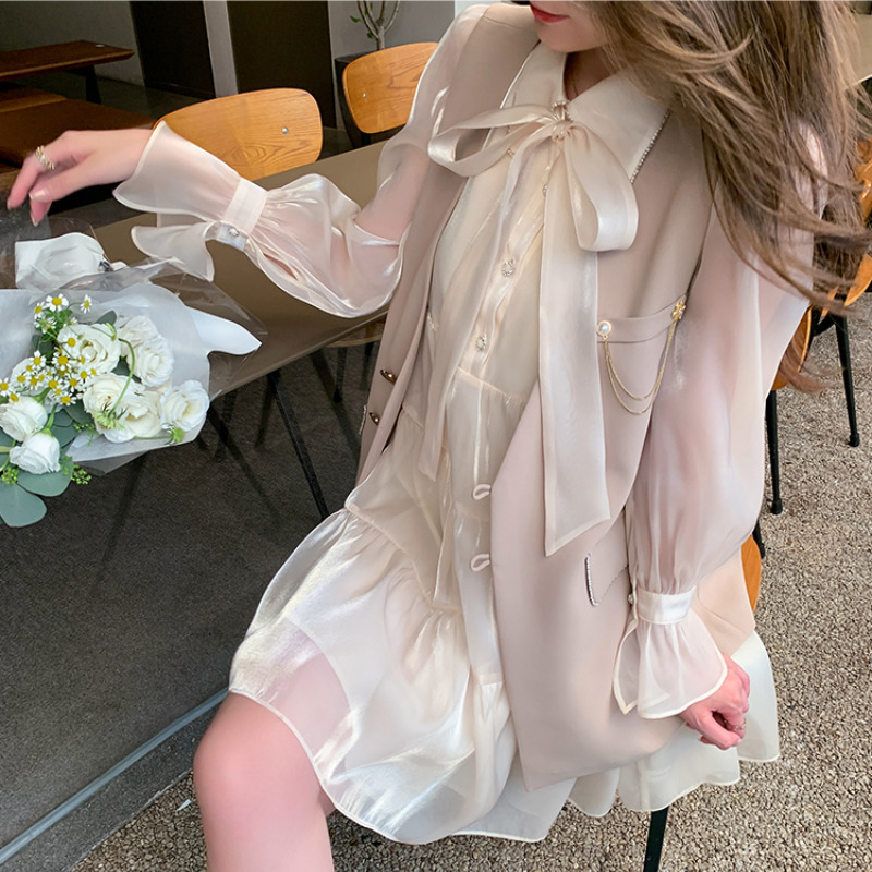 Vintage Maxi Dresses for Women Party Belt Bow Peter Pan Collar Office Lady French Flare Sleeve Woman Dress Vest Suit Autumn 220427