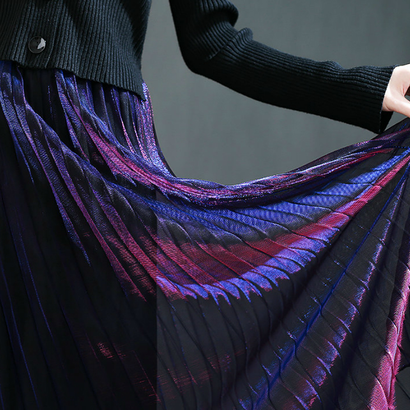 Summer Discolor Shine Gradient Pleated Long Gauze Skirt Metallic A-line Elegant Purple Green Maxi Mesh Skirts 220317