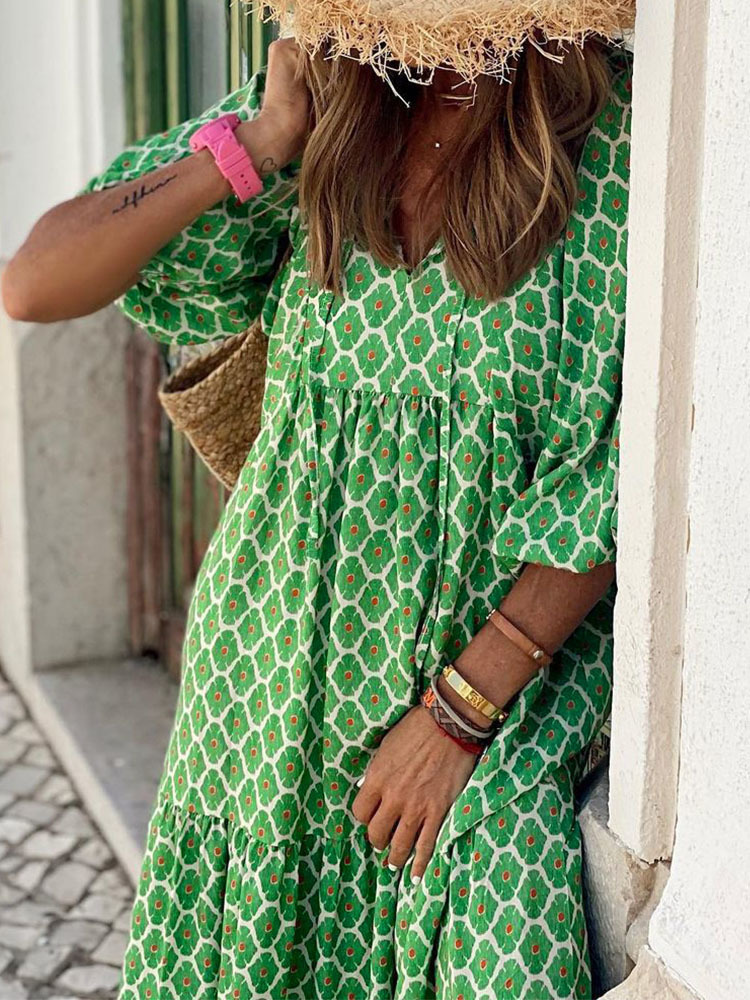 Boho Maxi Dress Women Floral Print Summer Holiday Beach Dress Female Short Puff Sleeve Loose Sundress Green Vestidos Mujer 220429