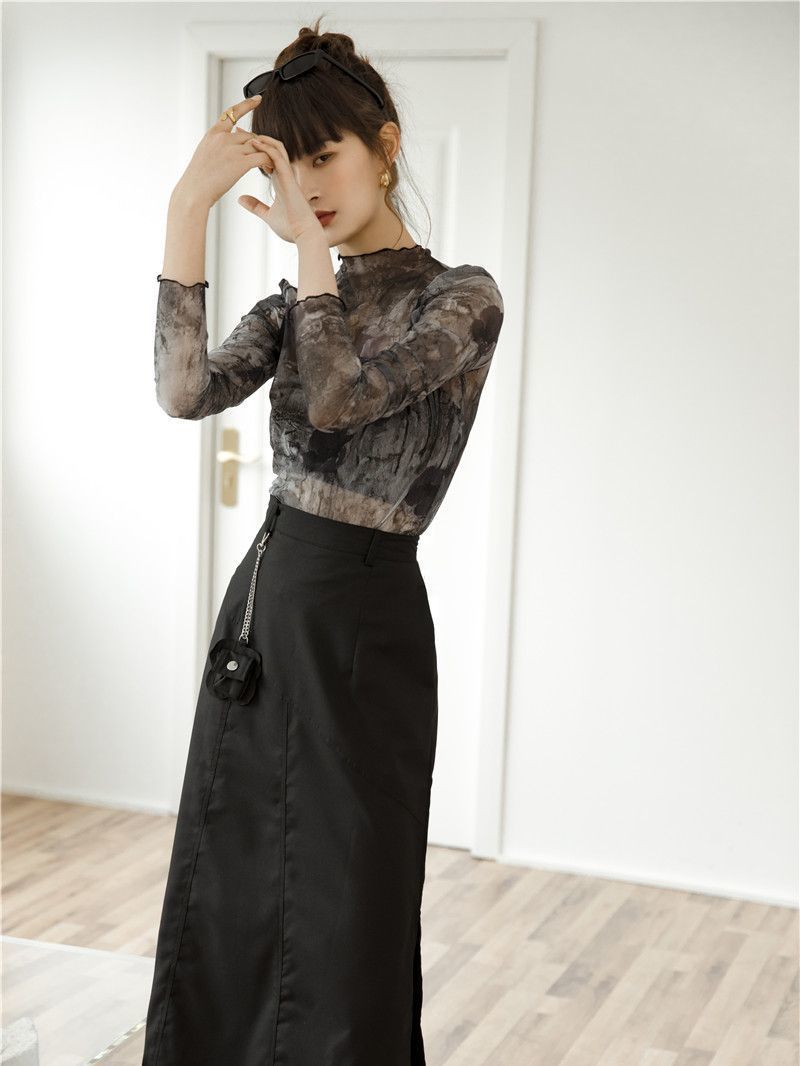 CHEERART Tulle Transparent Top Long Sleeve T Shirt Women Abstraction Print See Through Ladies Top Women Clothing 220527