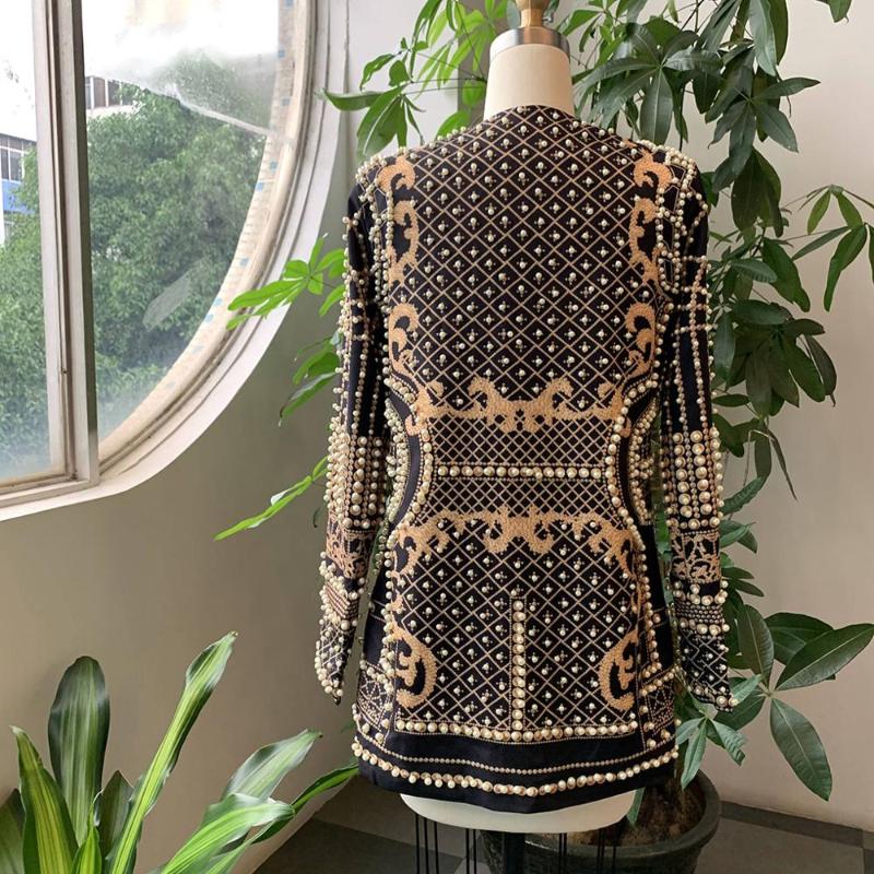 Women's Black Pearl Embellished V-Neck Long Sleeve Vintage Blazer Jacket Autumn Outwear B4