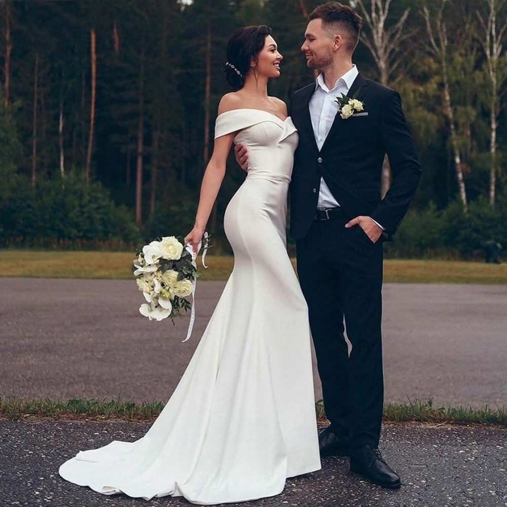 Elegant Off Shoulder Mermaid Soft Satin Wedding Dresses for Women 2022 Sweetheart Lace-Up Backless Bride Gowns Robe De Mariee