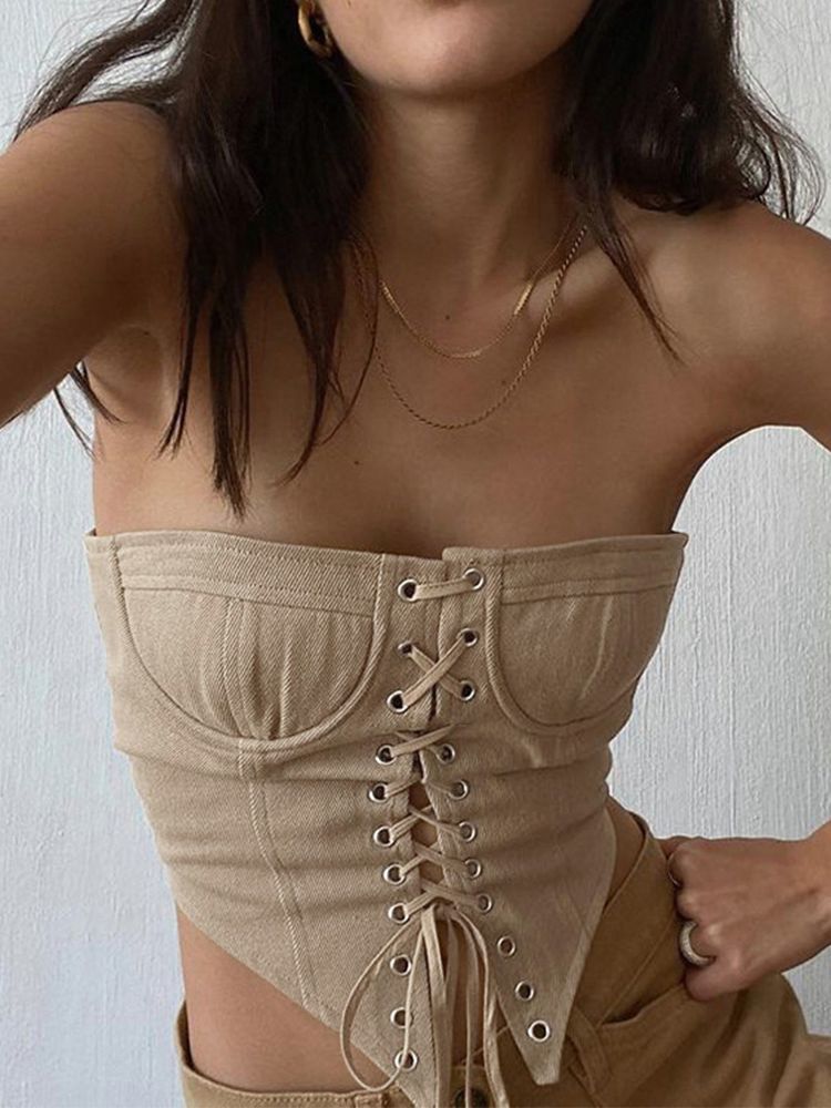 Willshela Women Fashion Solid Lace Up Bandage Cropped Tops Vintage Strapless Slim Fitting Sexy Female Chic Lady Top 220316