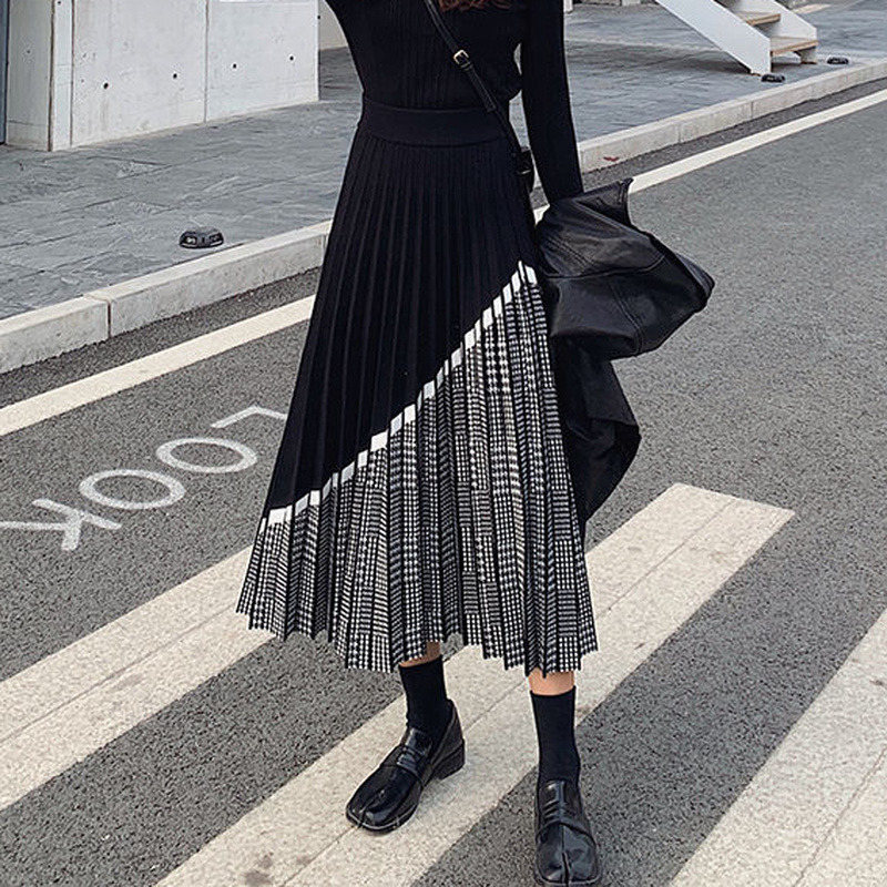 HOUZHOU Autumn Winter Houndstooth Knitted Long Skirts Women Vintage Black High Waist Midi Pleated Skirt Elegant Casual 220317