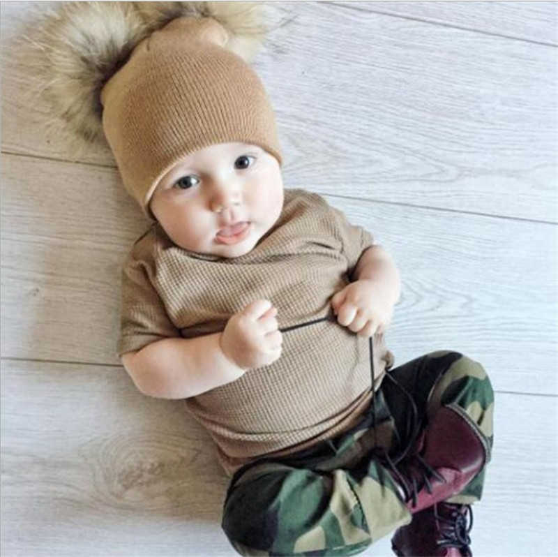 INS kids baby Double Fur Ball Beanie Knit Crochet boys girls Fur Pom Ski Cap Beanies Winter Warm Pom Hat Party students Hats caps