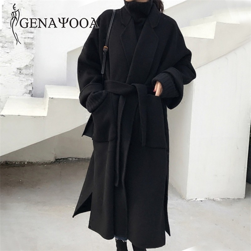 Genayooa Winter Elegant Wool Blend Women Korean Style Black Long Coats Vintage Minimalist Woolen Overcoat Camel Oversize 201112