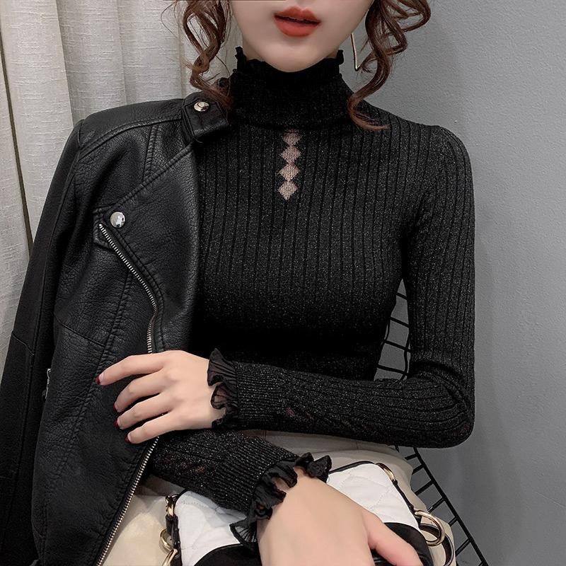Women's Sweaters Fall Winter Thick Knitted Sweater Chic Sexy Patchwork Ruffles Hollow Out Half Neck Pullovers Women Tops 2022, White;black 
Women's Sweaters Fall Winter Thick Knitted Sweater Chic Sexy Patchwork Ruffles Hollow Out Half Neck Pullovers Women Tops 2022, White;black