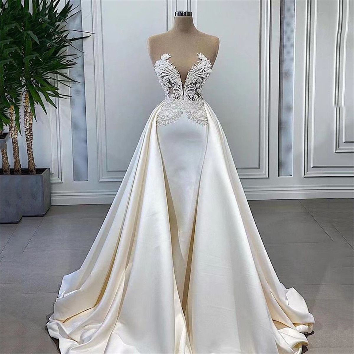 Satin Elegant White Pearls Evening Dresses Illusion Top Gowns for Women Vestidos De Fiesta Prom Party Dress