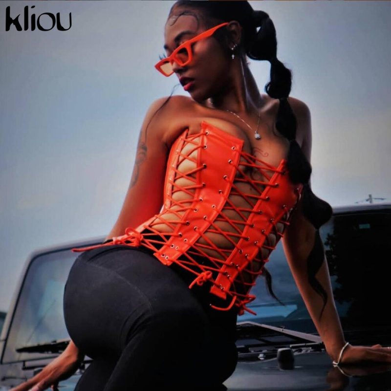 Kliou Hollow Out Bandage Faux Leather PU Tank Top Women Solid Streetwear Backless Sleeveless Sexy Party Clubwear Outfits 220325
