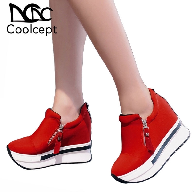 

Coolcept Women Spring Shoe Fashion Platform Pumps Zip High Heel Sneakers Shallow Casual Women Shoes Size 3540 Y200326, Red lattices