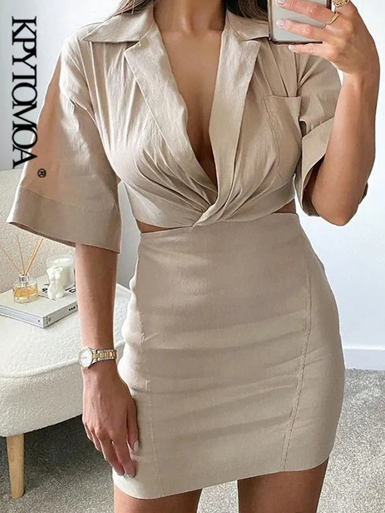 Women Chic Fashion With Pockets Hollow Out Mini Dress Vintage Short Sleeve Back Zipper Female Dresses Vestidos 220526